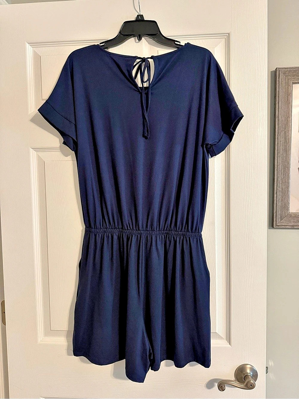 Zenana Short Sleeve Tie Back Romper Women's Navy Large NWT
